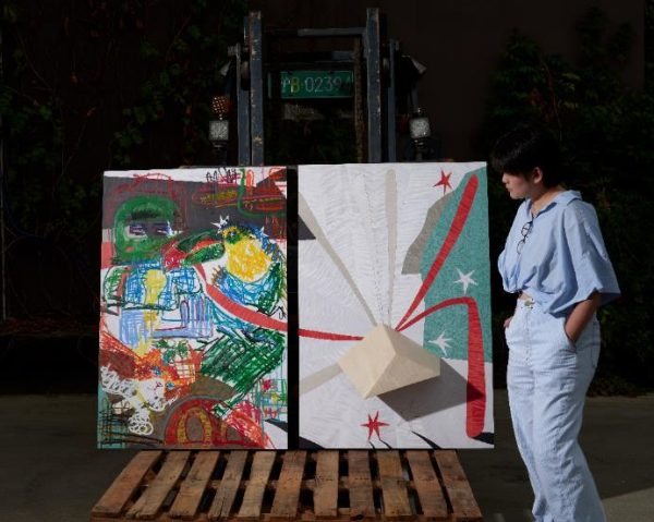 李蔓邀請年輕畫家「你好」一起用楓木皮創作的油畫作品